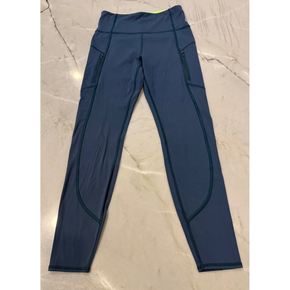 Athleta Rainier Tight Blue Gray Neon Yellow Pockets Reflective Leggings Small